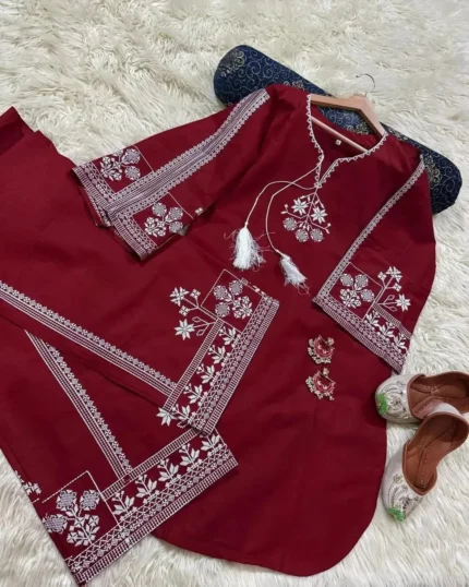 Cotton Embroidered Dress (Maroon)